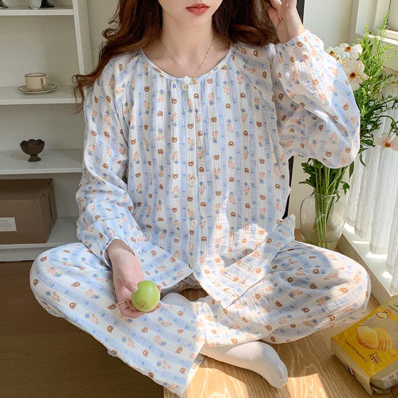 Maternal and infant grade Class A pure cotton double-layer gauze 7A antibacterial confinement clothing summer thin maternity pajamas postpartum nursing clothing