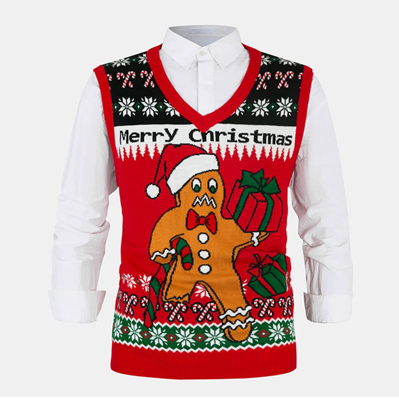 Parent-child Christmas knitted vest, gingerbread man snowflake all-over jacquard V-neck sleeveless sweater vest