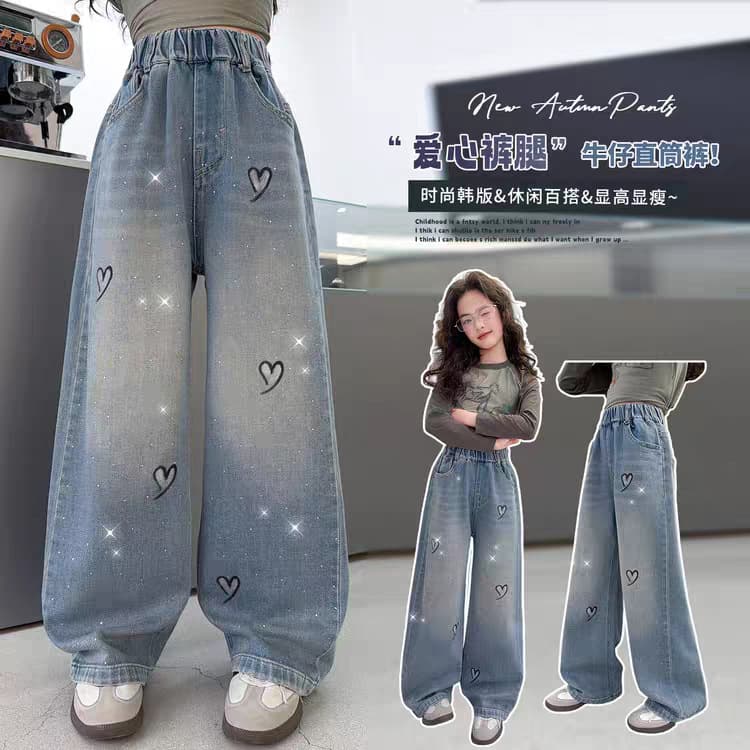 Girls' bright diamond jeans spring 2026 new children's wide-leg pants for older girls, shiny hot diamond pants for junior high school students