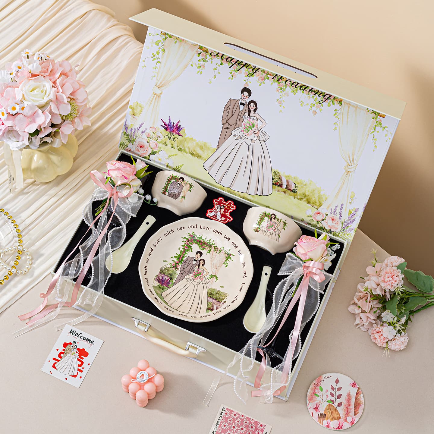Wedding Engagement Dinnerware Set Gift for Bride, Newlyweds, Best Friends Practical Souvenir Bowl Chopstick Plate Set Ships within 48 Hours