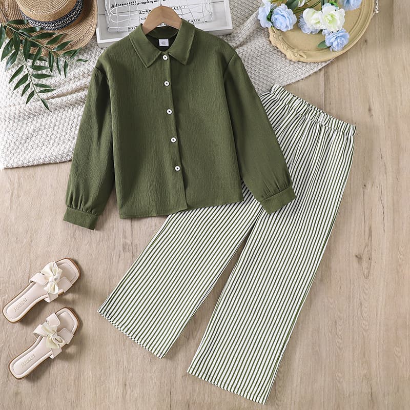 Girls' Set 2026 Fall New Children's Turn-Down Collar Long Sleeve Shirt Top Casual Striped Long Pants Two-Piece