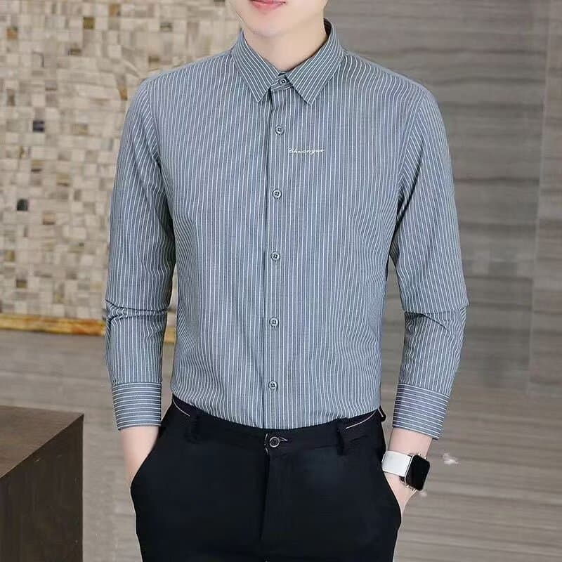 Long-sleeve men's fine stripe shirt for spring and autumn, premium embroidered business casual formal shirt, inner layering trendy men's clothing