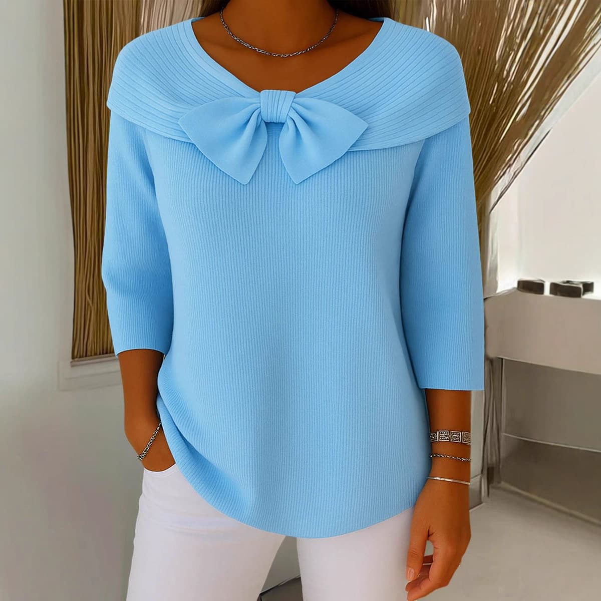 2025 European and American Amazon knitted bow sweater autumn and winter new cross-border solid color women's sweater