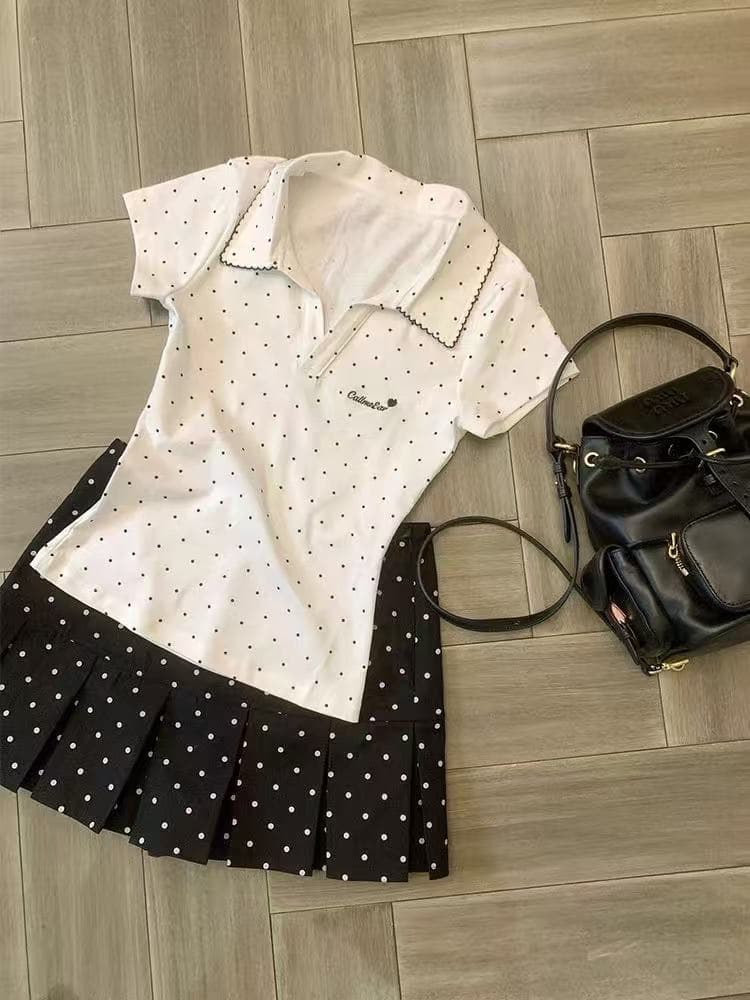 White Polka Dot Embroidered Polo Shirt Women's Regular Shoulder Short Sleeve T-Shirt 2025 New Summer Slim Fit Cropped Hot Girl Top