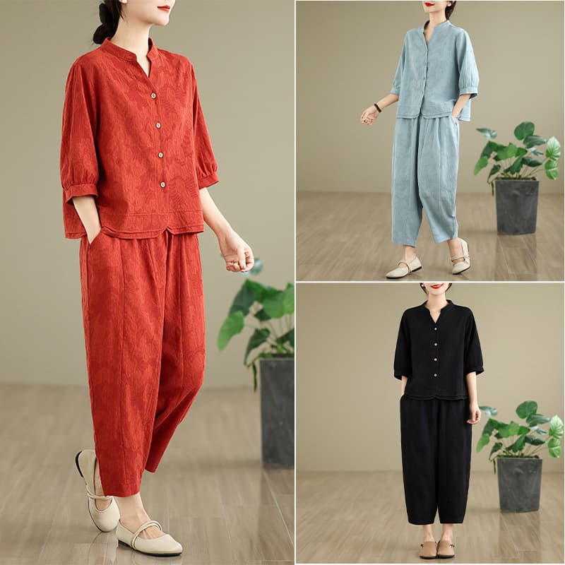 Real photos of 2025 Summer New Jacquard Embroidered Loose Shirt Top T-shirt Elastic Waist Wide Leg Pants Two-Piece Set for Women