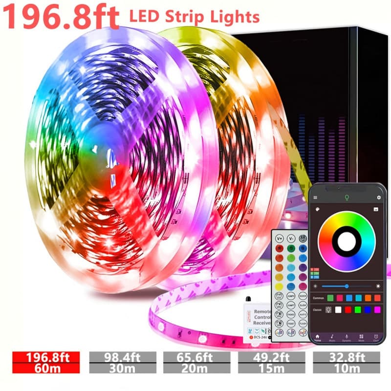 2026 New Cross-border Drop Shipping 196.8 Feet LED Strip Light Remote Music Sync Color Changing