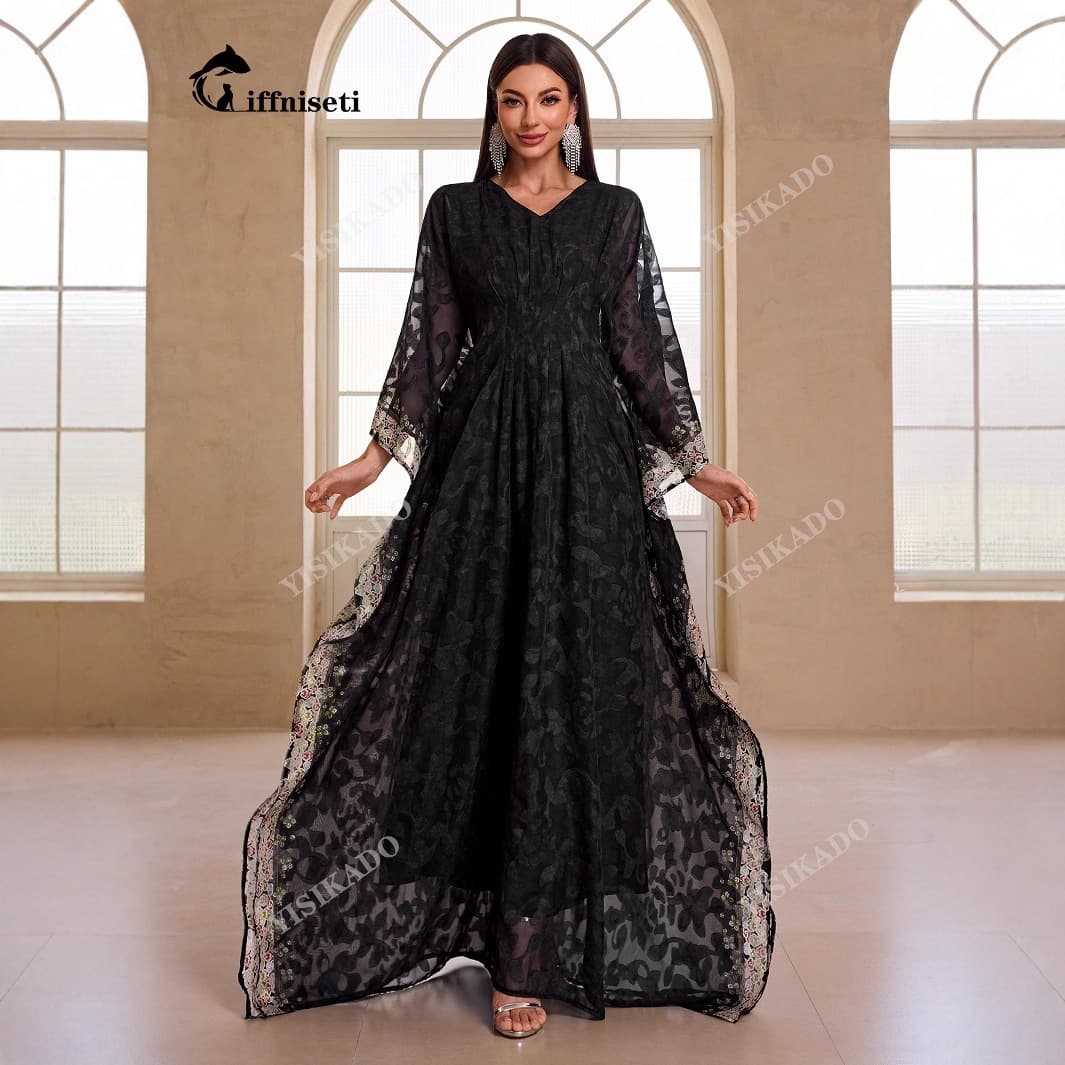 Designer Dress Batwing Sleeve Lace Waist Long Dress New Women's -KZ5037