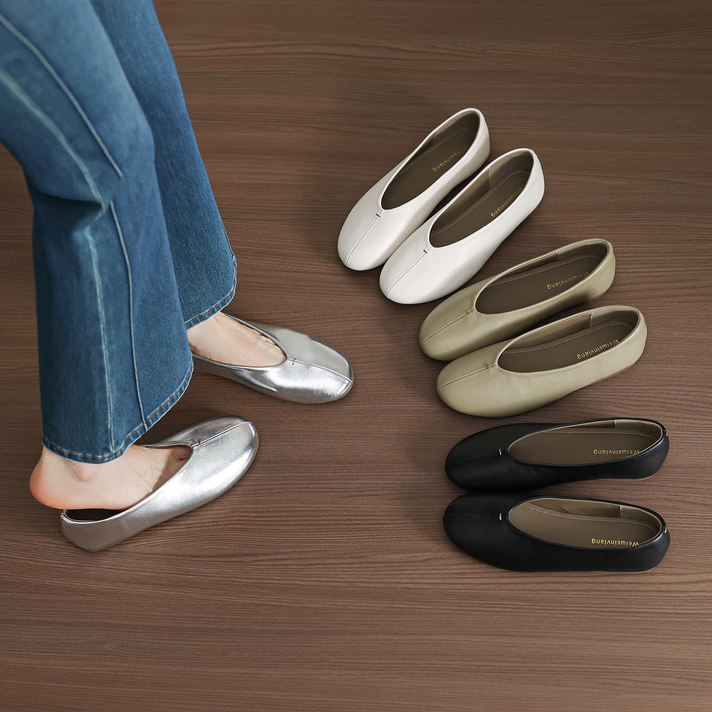 Ultra Soft Lambskin ~ Silver Ballet Flat Shoes Women Round Toe Low Cut Grandma Shoes Versatile Bean Shoes Plus Size Women's Shoes