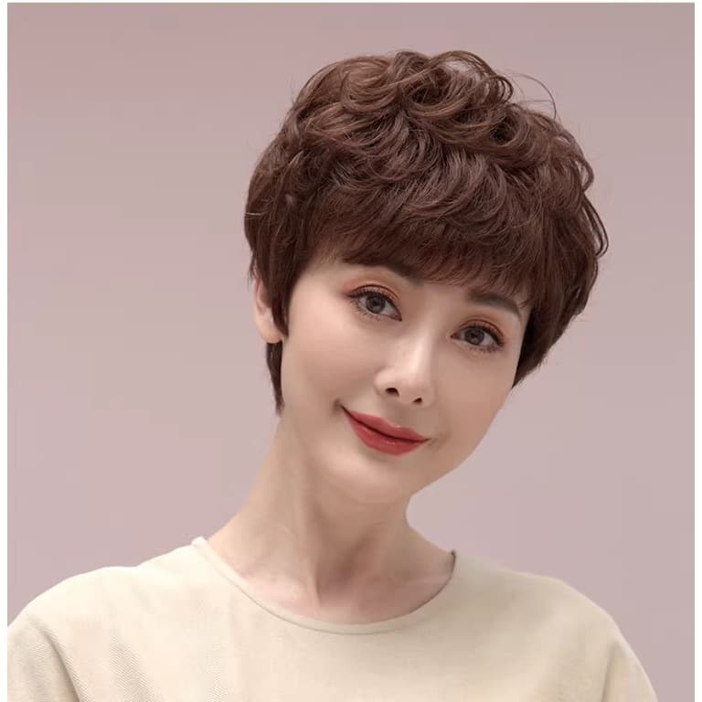 Real Hair Wig, Full Real Hair Wig for Women, Short Wig Natural Middle-Aged Mom Style Wig