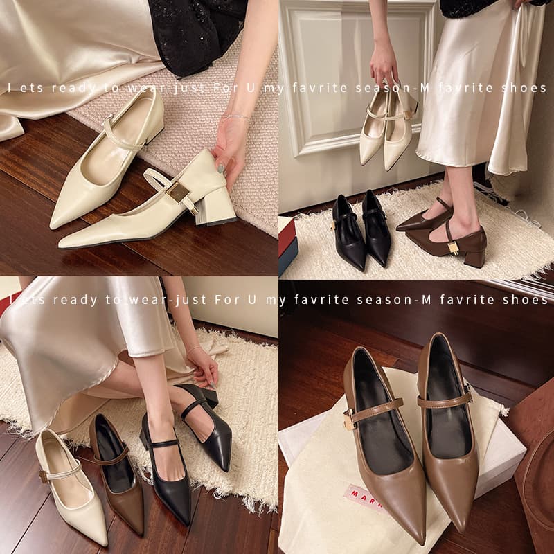French pointed-toe silver Mary Jane shoes for women, mid-high heel design single shoes to match dresses in 2026 spring/summer
