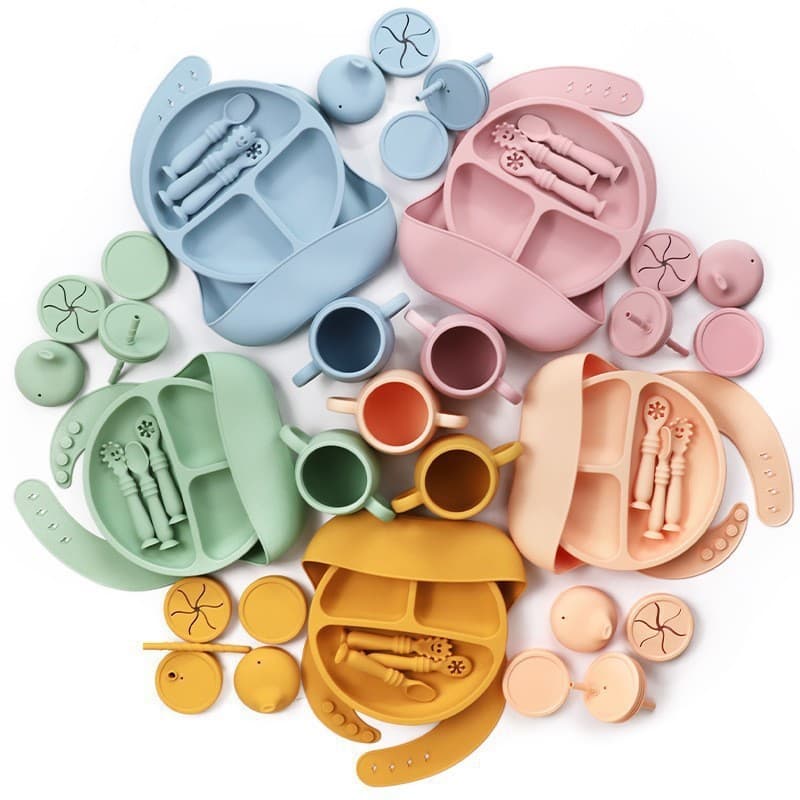 Kids Silicone Plate Bib Baby Food Bowl Straw Cup Infant Feeding Silicone Tableware Set