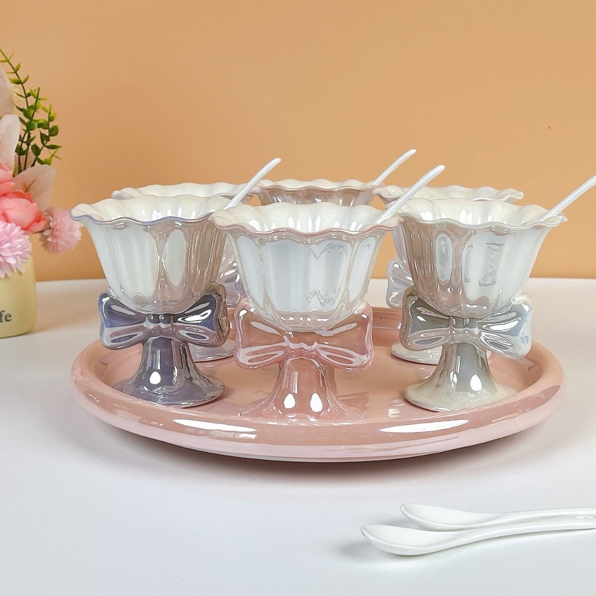 Pink Cute Stemmed Ceramic Ice Cream Cup 180ml Large Capacity with Rotatable Ceramic Plate Export Quality