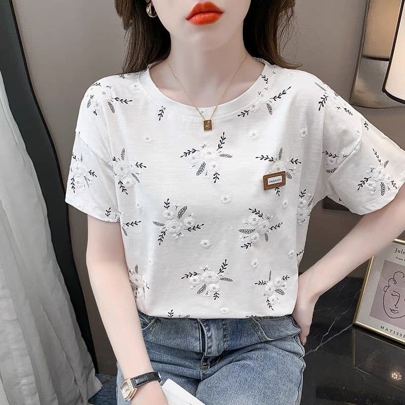 2025 New White T-shirt Women's Short Sleeve Round Neck Loose Slim T-shirt Base Shirt All-match Top Ins Trendy