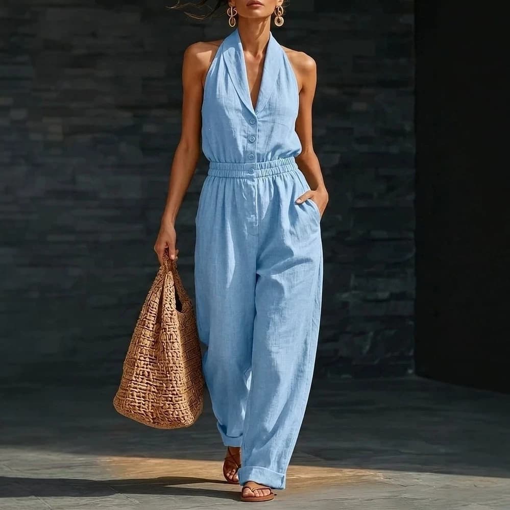 2026 Cross-Border European and American Summer New Fashion Solid Color Slimming V-Neck Sleeveless Wide-Leg Casual Jumpsuit for Women
