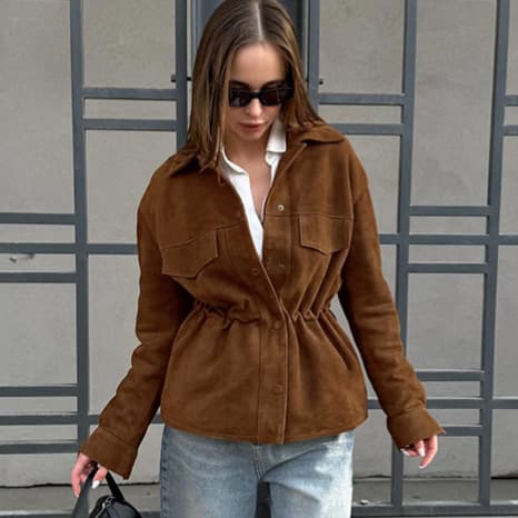 American Vintage Trendy Street Style Cinched Waist Slimming Long Sleeve Lapel Suede Jacket for Women Commute Versatile Coat