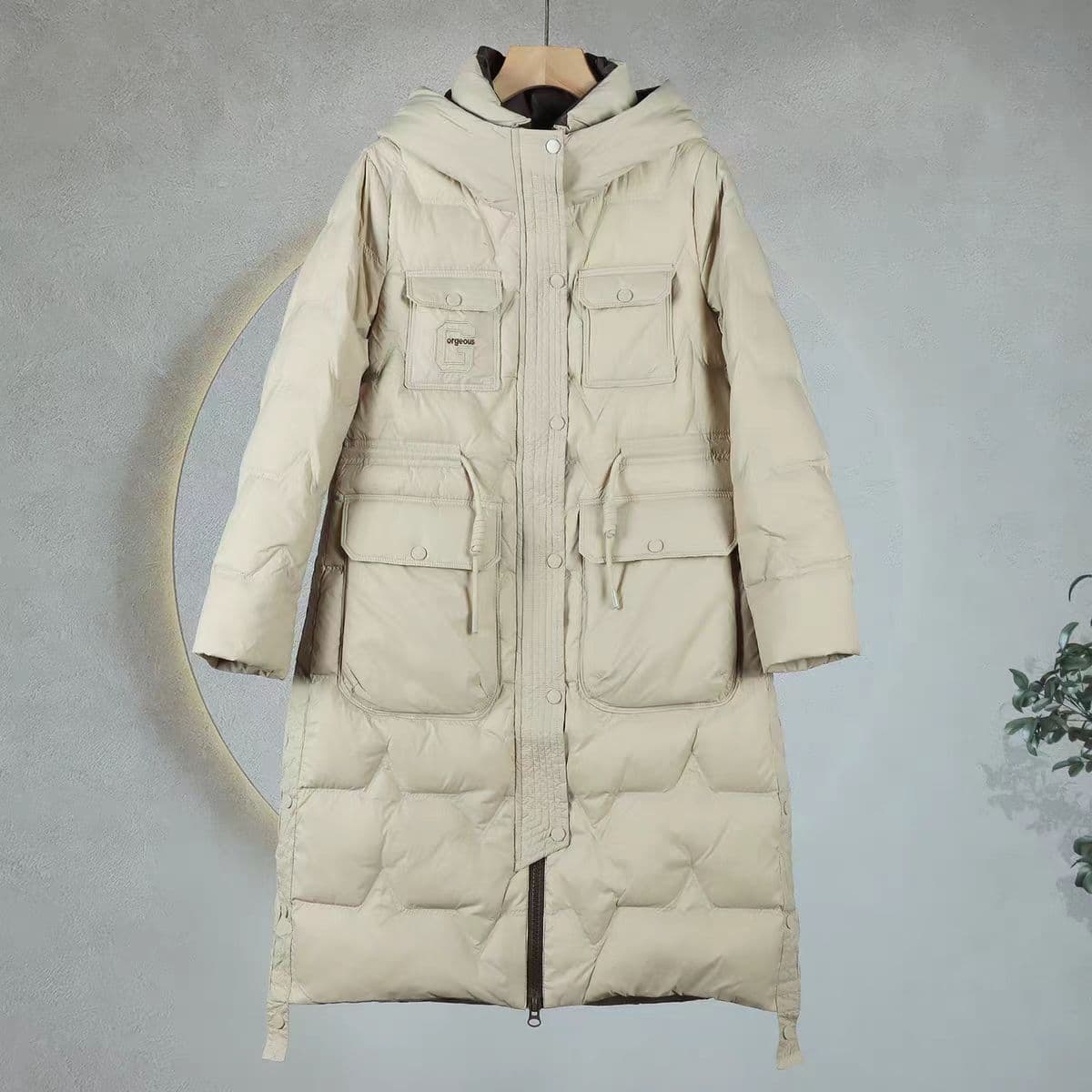 J555 Winter New Style Fashionable Long Hooded Down Jacket with Drawstring Waist for a Slimming Effect