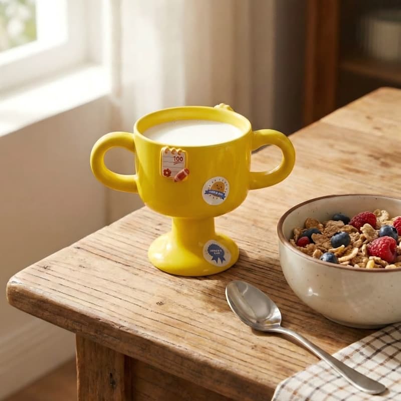 Creative Ceramic Award Trophy DIY Cup, Cute Ice Cream Cup, Household Tall Cup for Snacks, Fruit, Yogurt, Double-Eared Cup