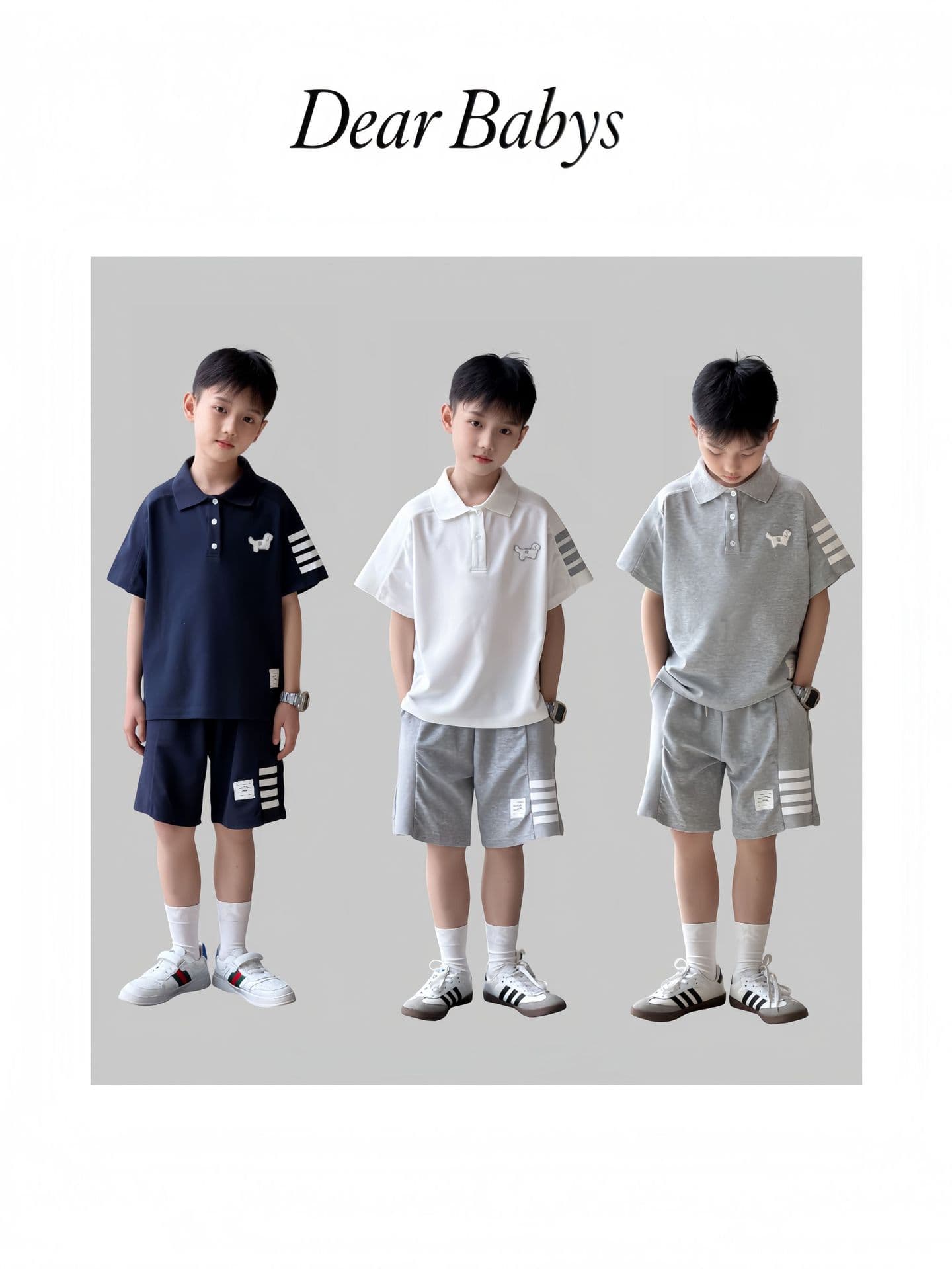 DEAR BABYS 26 Boys Spring/Summer Light Luxury Outfit [Embroidered Dog Striped 4-Bar Polo Set]