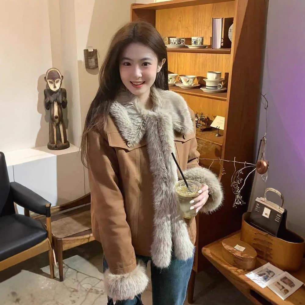 Merlad's Brown Fur-Trimmed Collared Jacket for Autumn and Winter - Thickened Fleece-Lined Warm Jacket