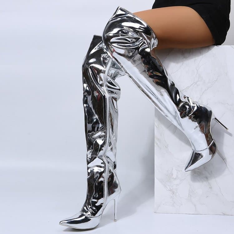 2025 Autumn New Arrival AliExpress Amazon Silver Over-the-Knee Boots European and American Style Stiletto Heels Size 43