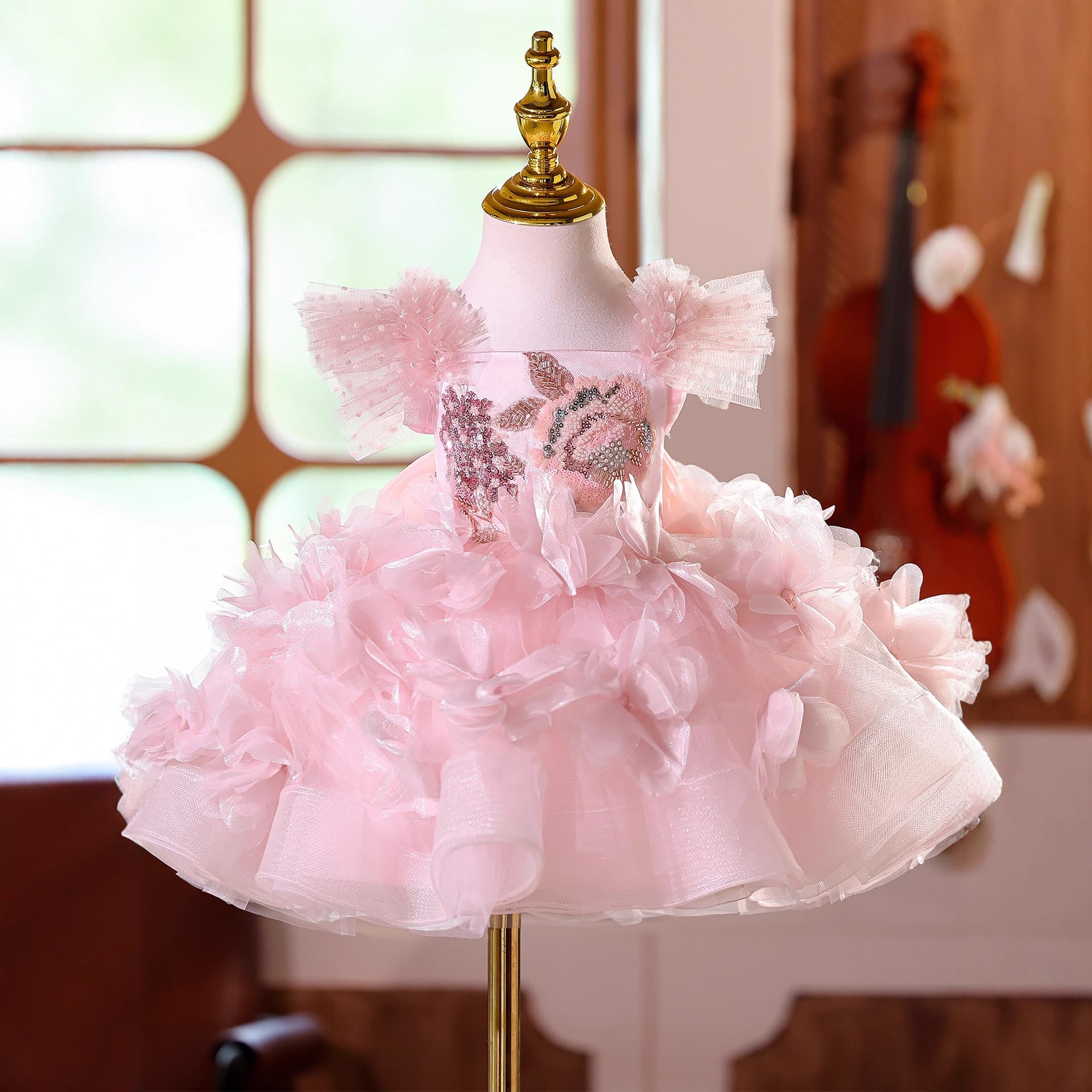 Girls' dress pink children's birthday party fashionable party princess dress flower girl host piano performance costume