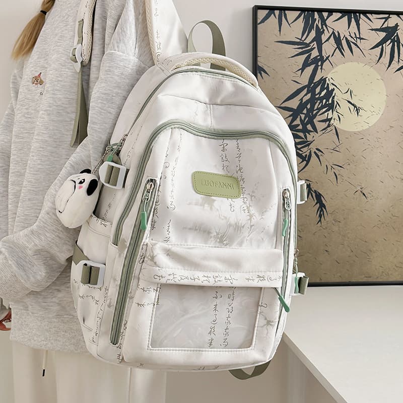 Cross-border national style new Chinese schoolbag female students large capacity retro backpack ink print backpack transparent pain bag
