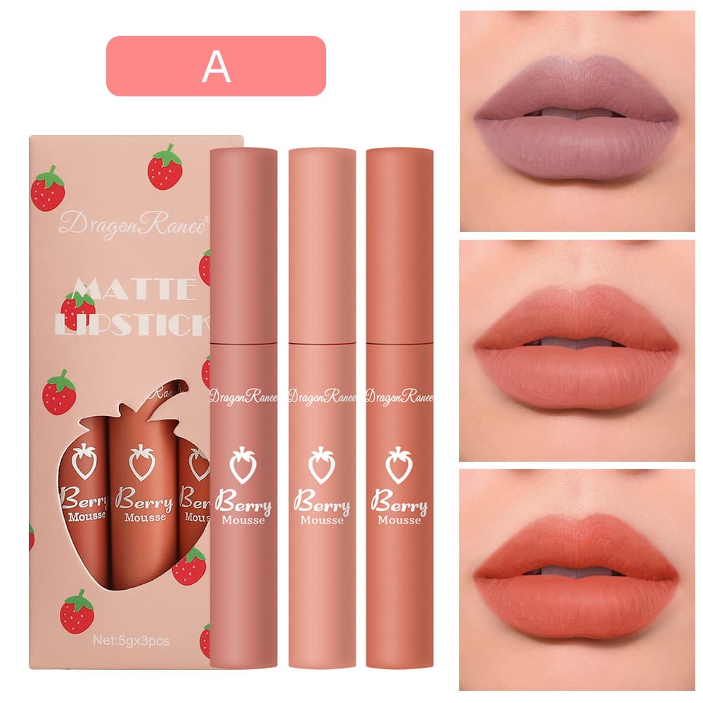 DragonRanee cross-border strawberry lip glaze 3-pack set velvet matte matte lipstick lip gloss women's non-stick cup