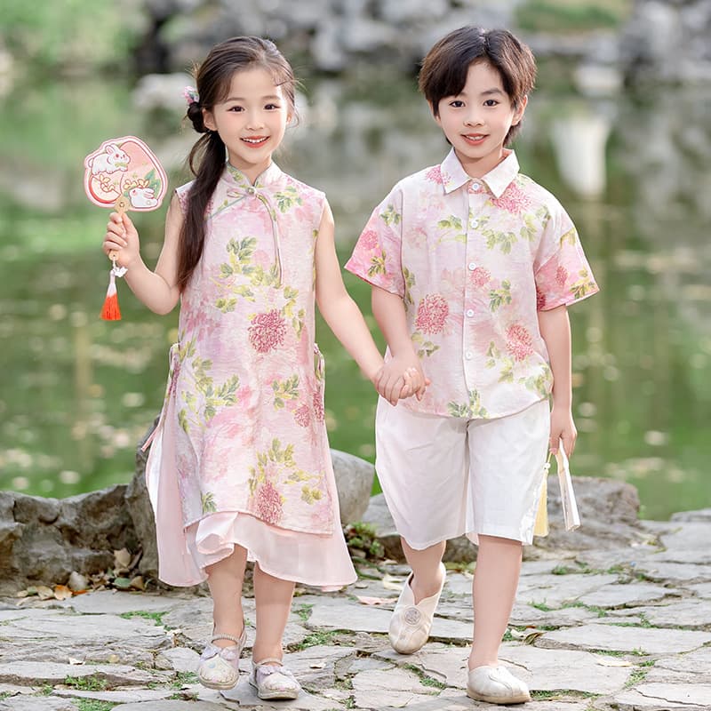 2025 New Style Summer Shirt Set for Boys - Floral Print Shirt, Thin Style, Hong Kong Style Two-Piece Set, Trendy and Handsome