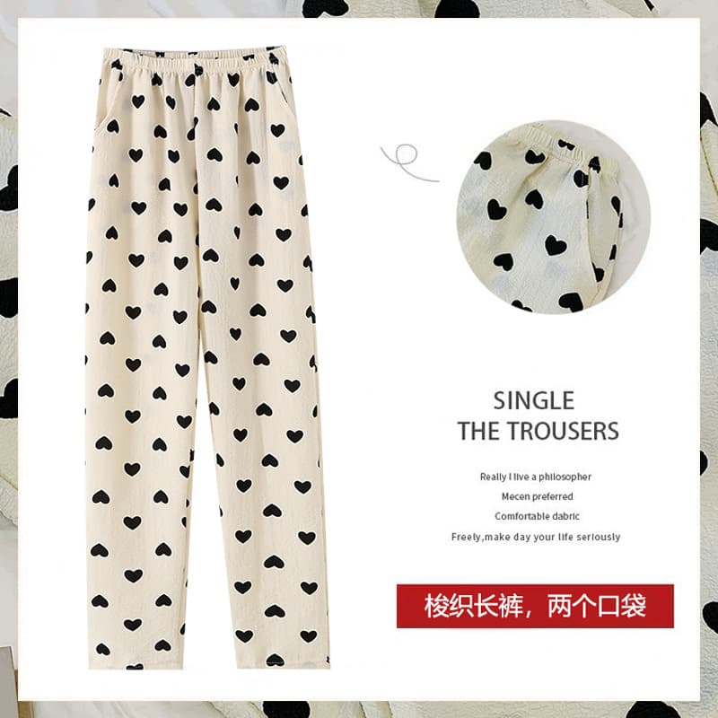 Women's Sleep Pajama Pants, Princess Style Cotton Linen Crepe Fabric, Cute Sweet Heart Print Home Pants for Summer