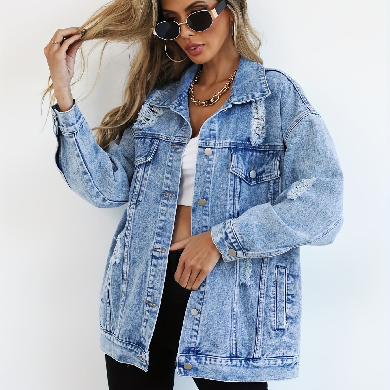 Cross-border New European and American Amazon AliExpress Denim Jacket for Women, Distressed Design
