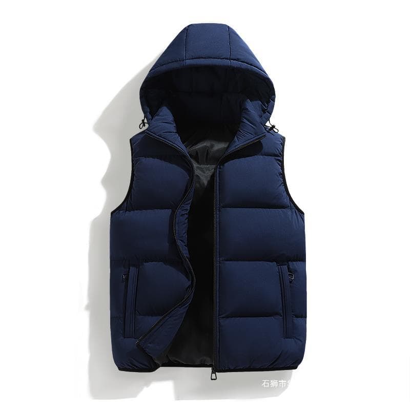 2025 Men's Autumn/Winter Warm Vest, Hooded, Loose Fit, Solid Color, Standard Design, Cotton Vest