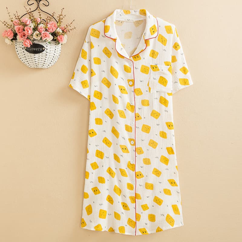 Summer Women's Nightgown Double-Layer Cotton Gauze Turn-Down Collar Mid-Length Sleepwear Plus Size for 200 lbs