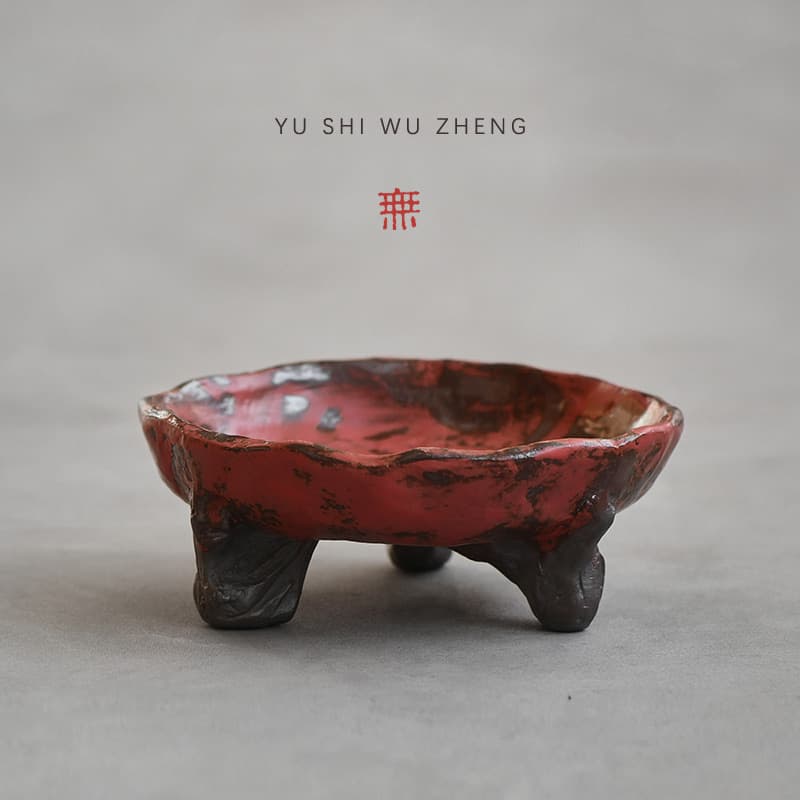 Pink Red Makeup Stoneware Three-Legged Dish Daily Tableware Small Dish Fruit Plate Japanese Handmade Ceramic Tea Tray