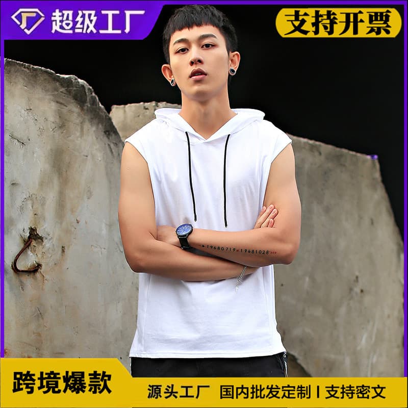 Cross-border Sleeveless T-Shirt Men's Summer Vest Trendy Hooded Vest Short Sleeve Hoodie Vest T-Shirt Men