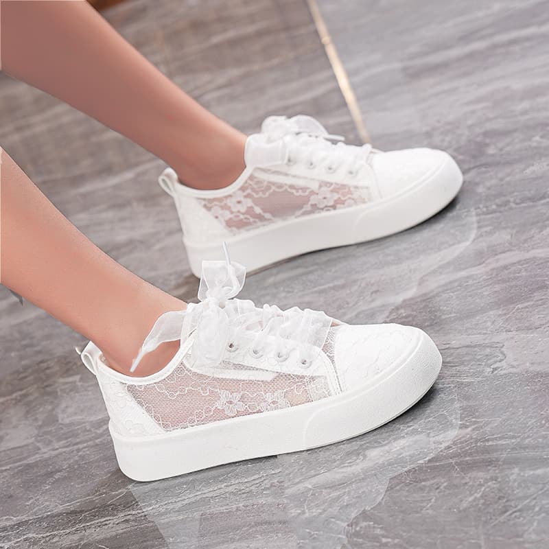 Cross-border Trade White Shoes Summer Thin Lace Breathable Flat Bottom for Dresses Fairy Soft Sole Mesh Fisherman Shoes