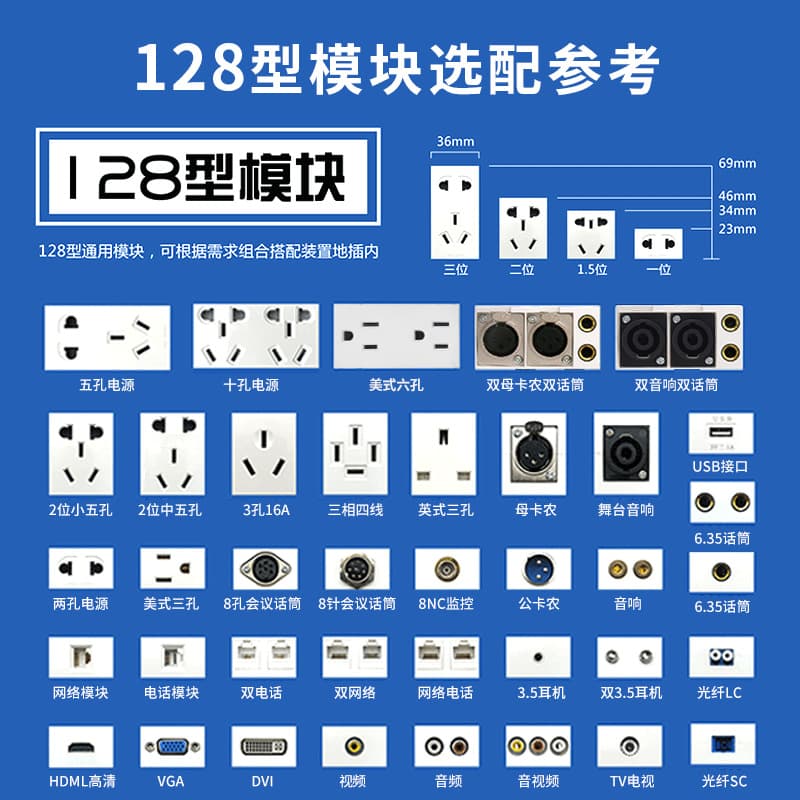 Headphones 3.5mm speaker, 86mm wall socket, wiring post, multimedia accessories 128-type module