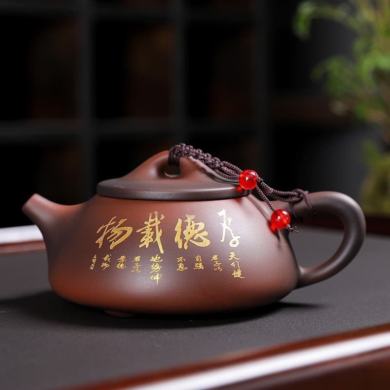 Teapot Carved Purple Clay Handmade Jumping Knife Pattern Xishi Stone Drift Pot Ceramic Large Single Pot Kung Fu Tea Set Simple Purple Pottery