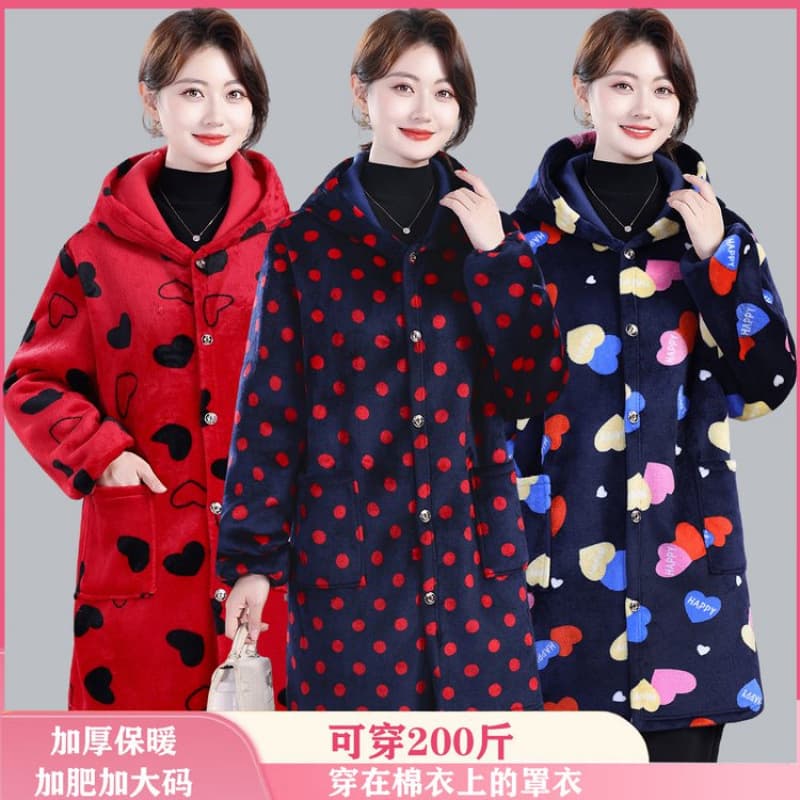 Middle-aged and Elderly Women's Long-Sleeve Quilted Fleece-Lined Warm Coat Kitchen Apron Workwear