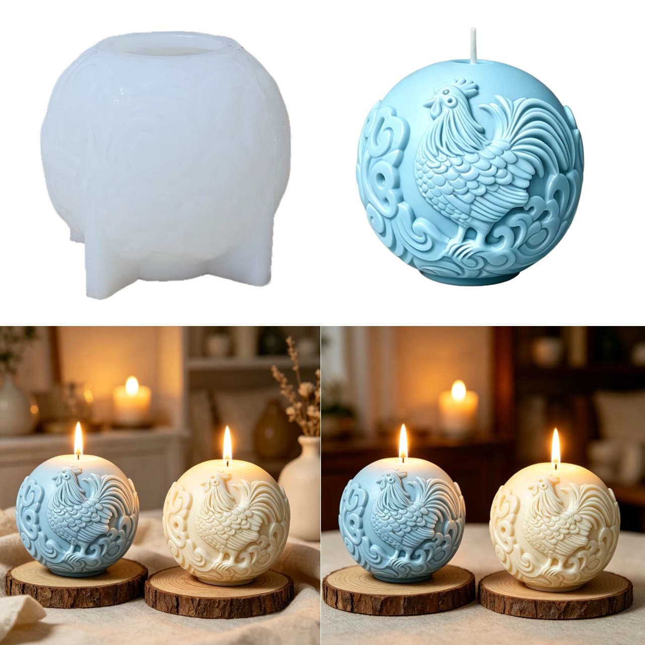 3D Rooster Relief Spherical Aromatherapy Candle Silicone Mold DIY Gypsum Cement Epoxy Resin Ornament Mold