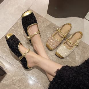 Chanel-style sequin open-toe half slippers for women 2026 autumn new square-toe fashion flat slippers lazy one-step