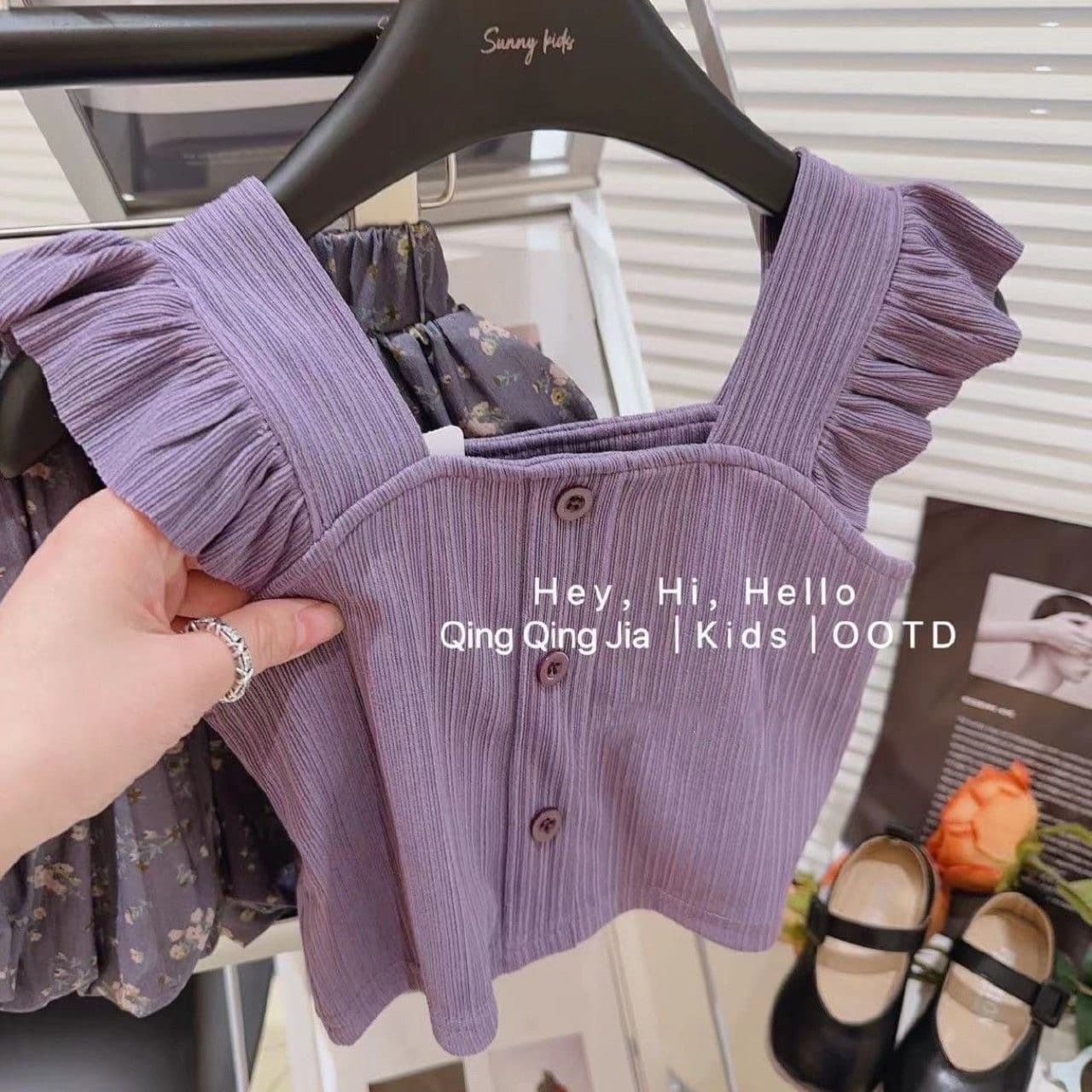 Girls Vest Set 2025 New Fashionable Flutter Sleeve Top Camisole Short Bloomer Pants Two-Piece Floral Korean Style