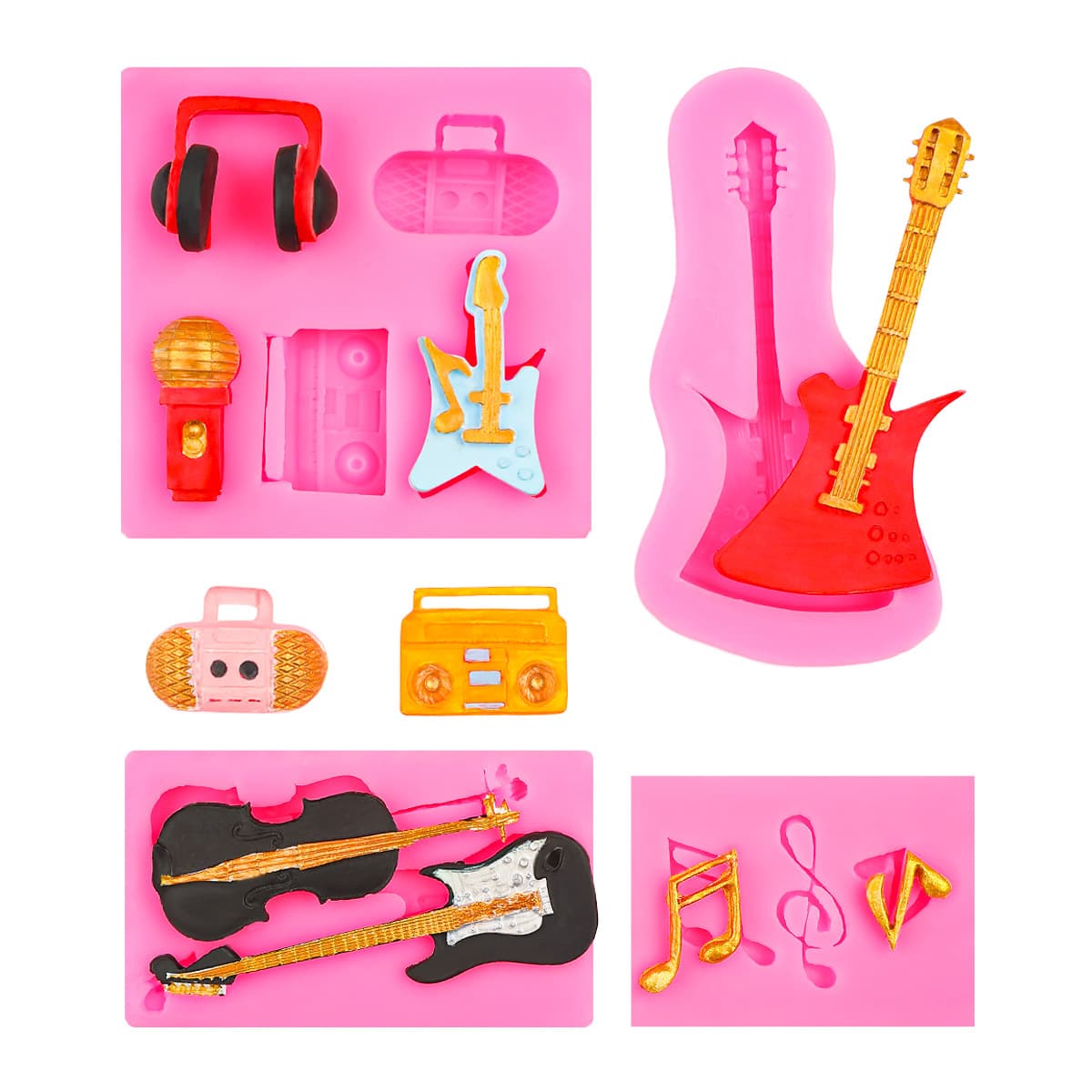 New DIY Karaoke Radio Headphone Microphone Guitar Microphone Violin Fondant Cake Silicone Mold
