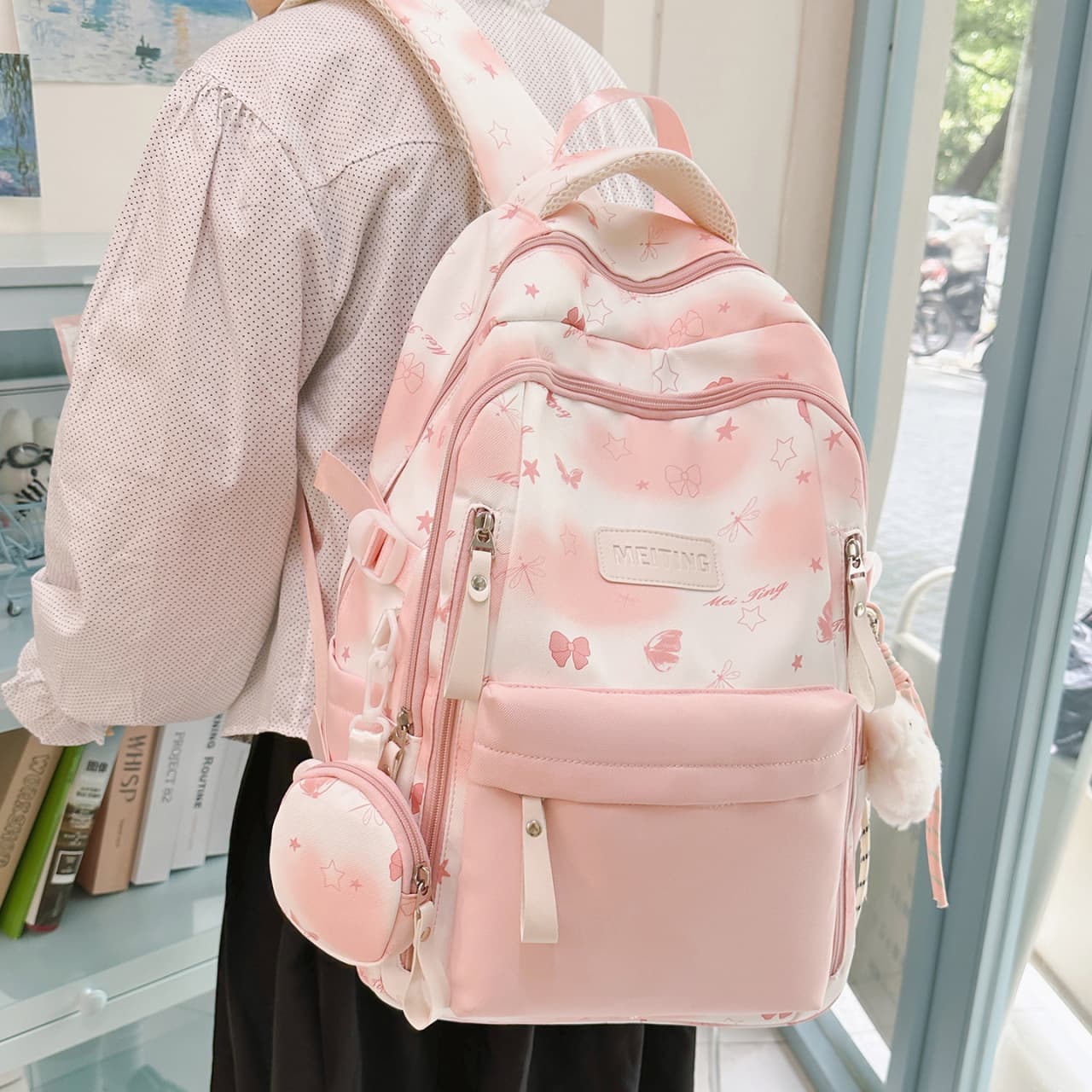 High-looking, large-capacity backpack, new casual bow, girly heart, Japanese style, fresh forest style student double backpack
