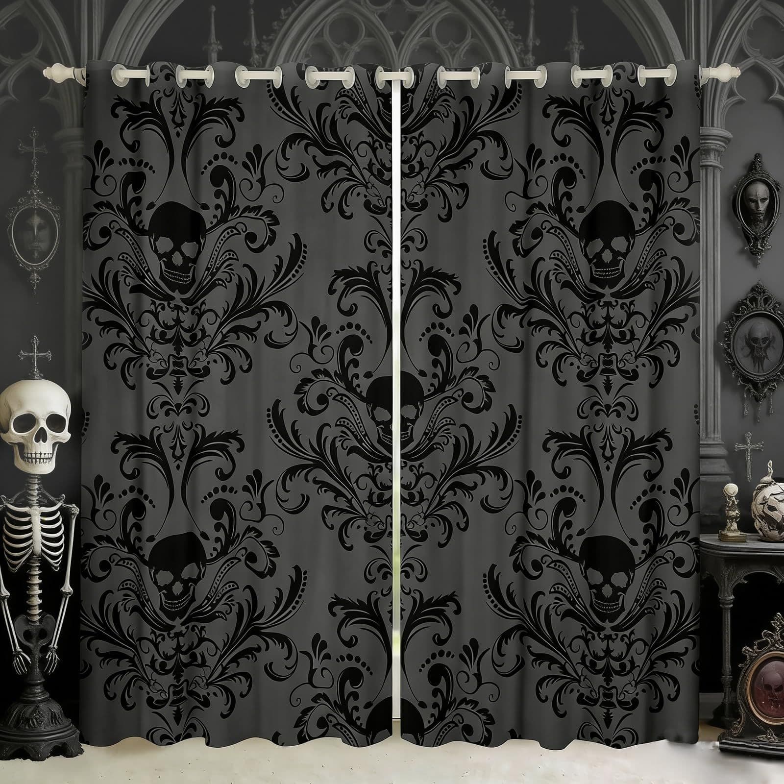 Cross-border retro Victorian Gothic style floral sugar skull digital printing curtains for bedroom and living room manufacturer