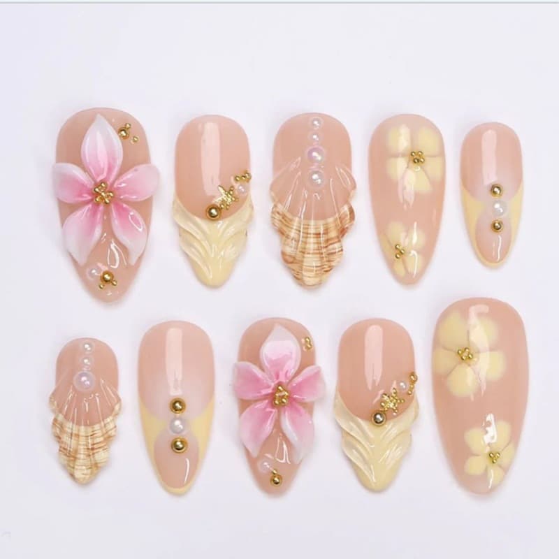 24 Pieces French Gold Foil Five-Petal Flower Nail Art Handmade Pearl Press-On Nails 3D Resin Almond Shape Press-On Nails