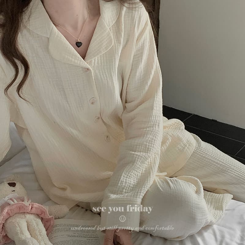 Three-layer Cotton Gauze Thick Relaxed Slouchy Notch Collar Wrinkled Gauze 2024 Fall New Long Sleeve Long Pants Pajama Set