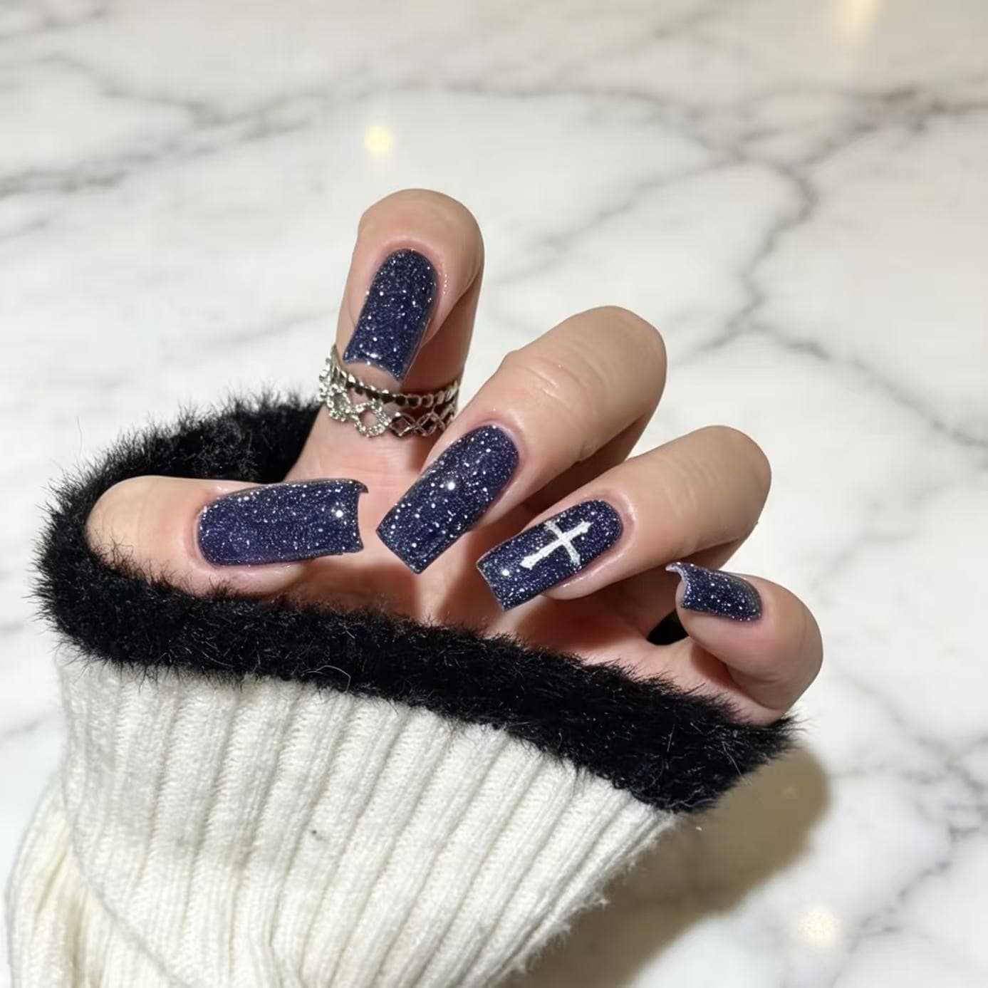 Niche Design Cross Wearable Nails, Deep Navy Blue Fine Glitter Handmade Gel Nails, Hand-Lengthening Removable Nails