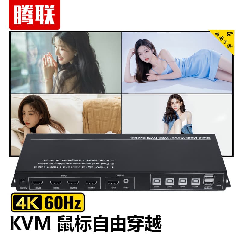 Tenglian Four-Screen Video Splitter KVM Switch 4-in-1-Out Computer Display Device Keyboard Mouse Screen Splitter Synchronizer