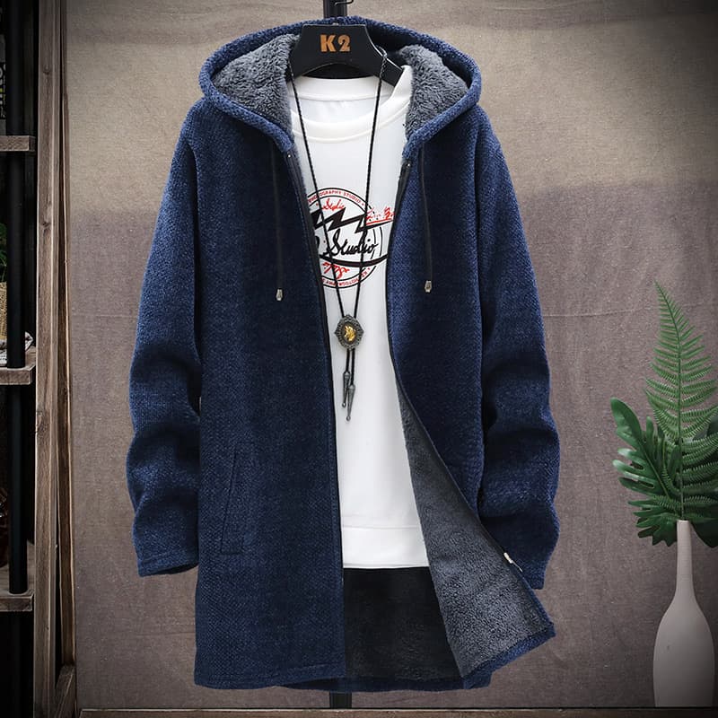 In Stock Men's Mid-Length Knit Outerwear Cross-Border Amazon Men's Fleece-Lined Thickened Chenille Hooded Cardigan