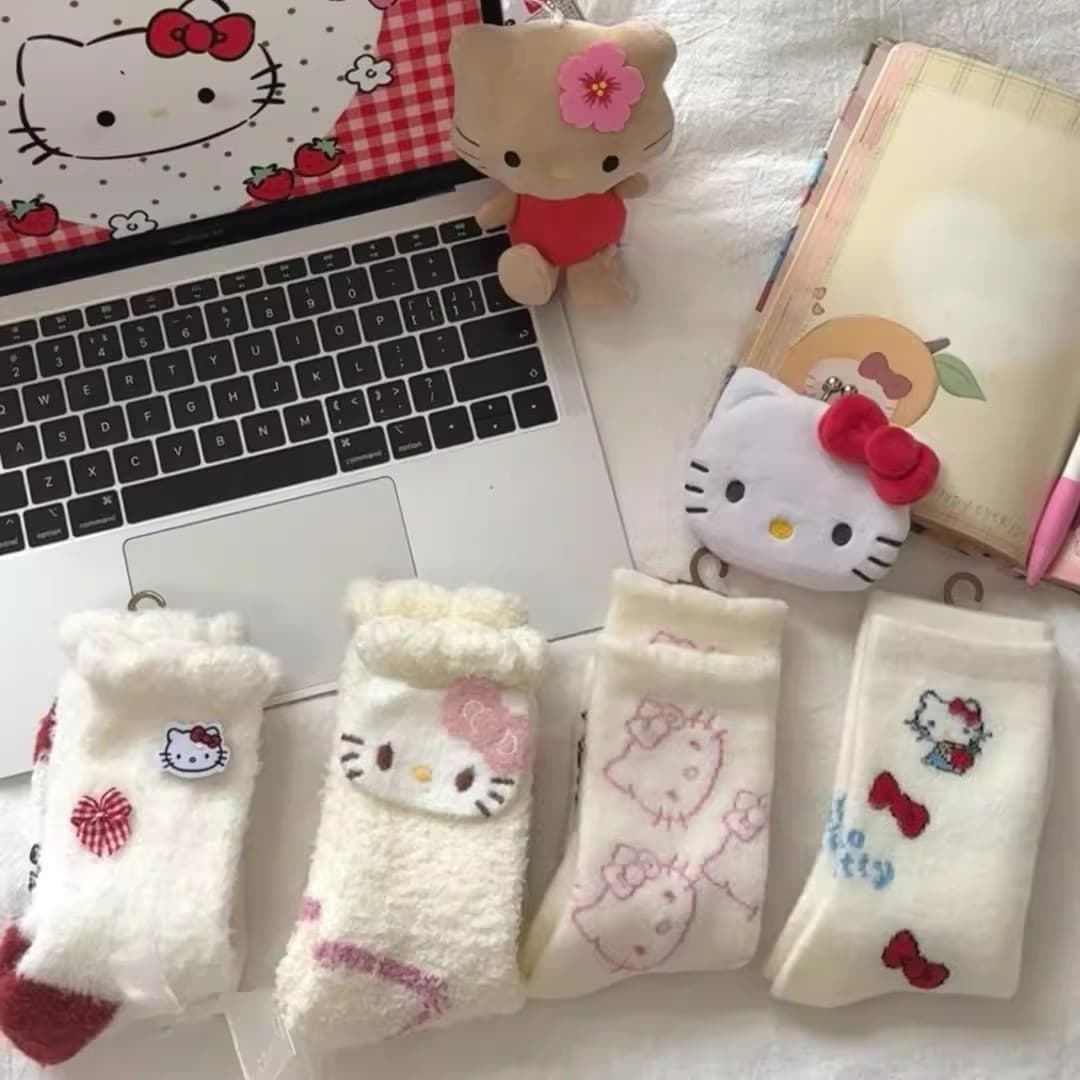 New Ins Cute Thick Socks Autumn Winter Warm Cartoon Kt Cat Plush Home Floor Socks Soft Sweet Mid-Calf